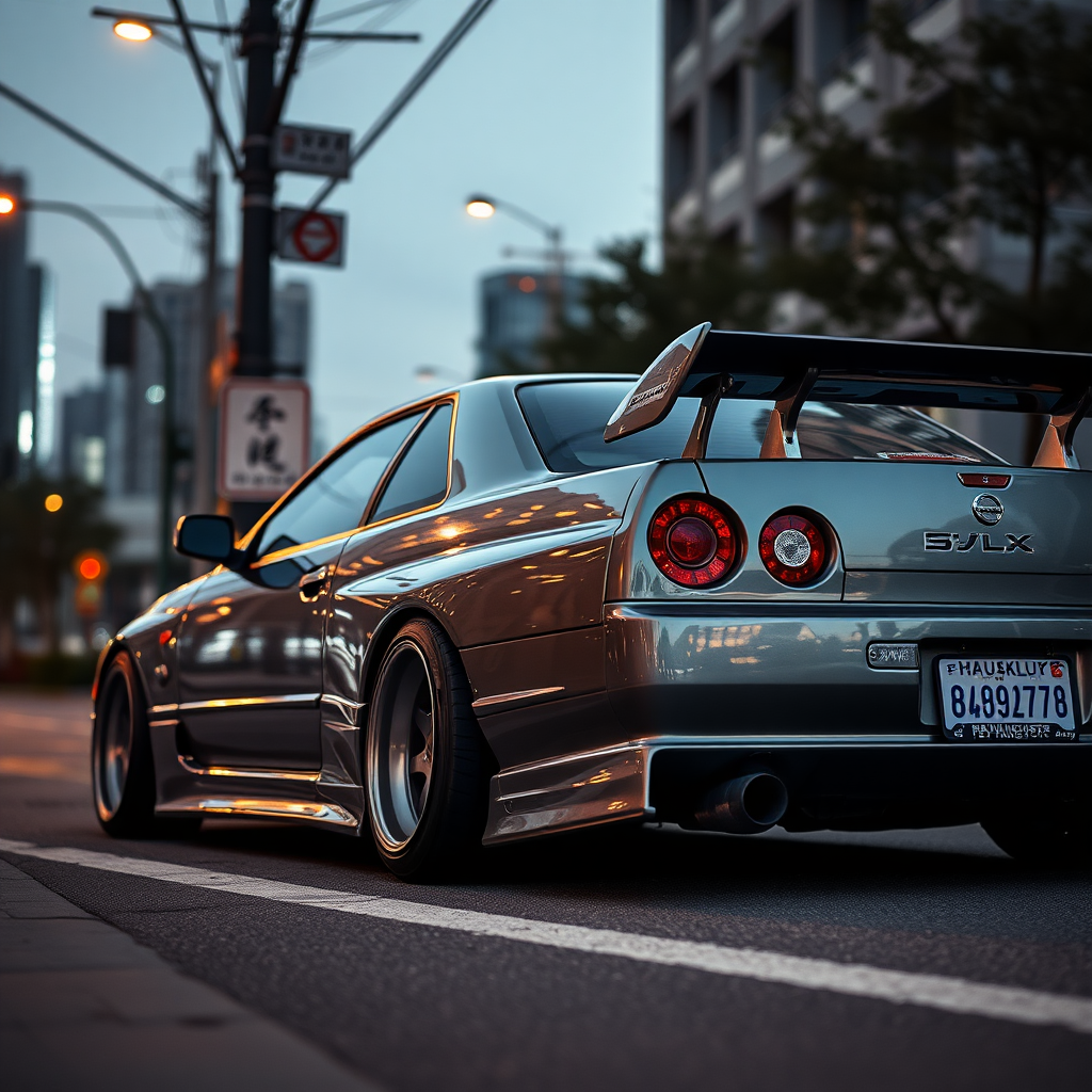 The car is parked on the side of the road, inspired by Taiyō Matsumoto, tumblr, restomod, nd4, c4 metallic shine nissan skyline r34 kalabalik tokyo gece arkaplan