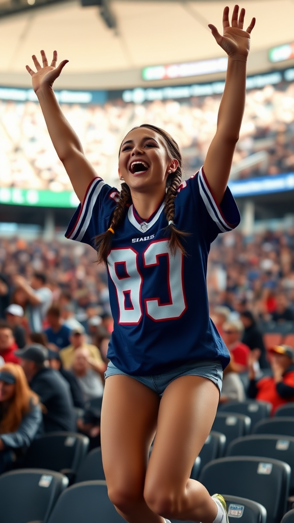 Female NFL fan, very attractive, hollering, pigtail hair, jersey, arms raised, jumping inside crowded bleacher, NFL stadium