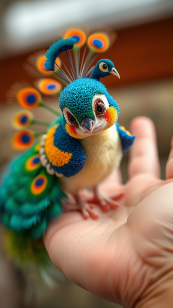 A small tiny cute chubby big eyes big perfect tail real colorful dancing peacock with tail on hand