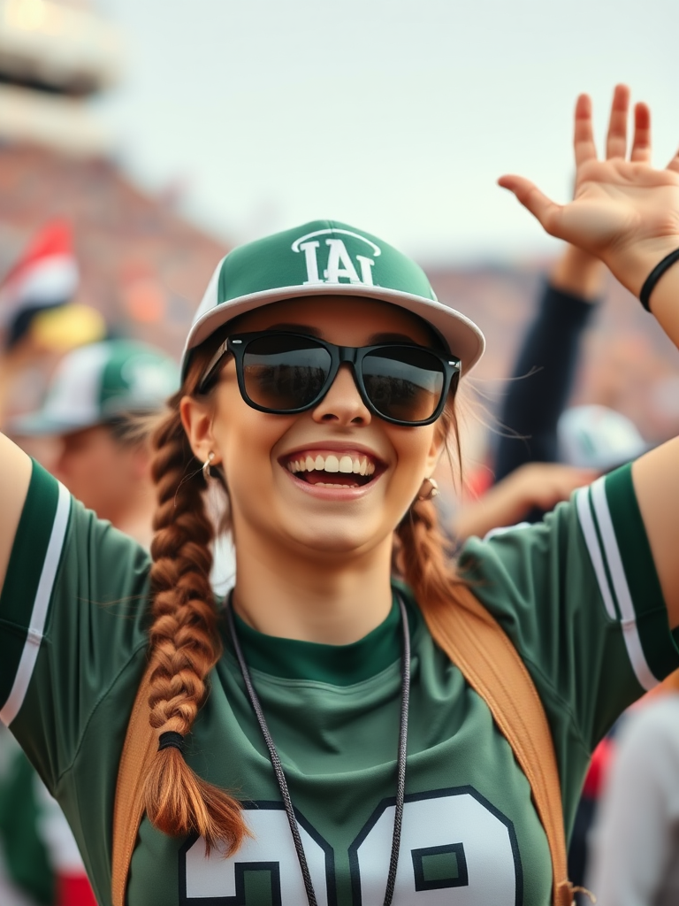 Attractive female NFL fan, pigtail hair, rejoicing