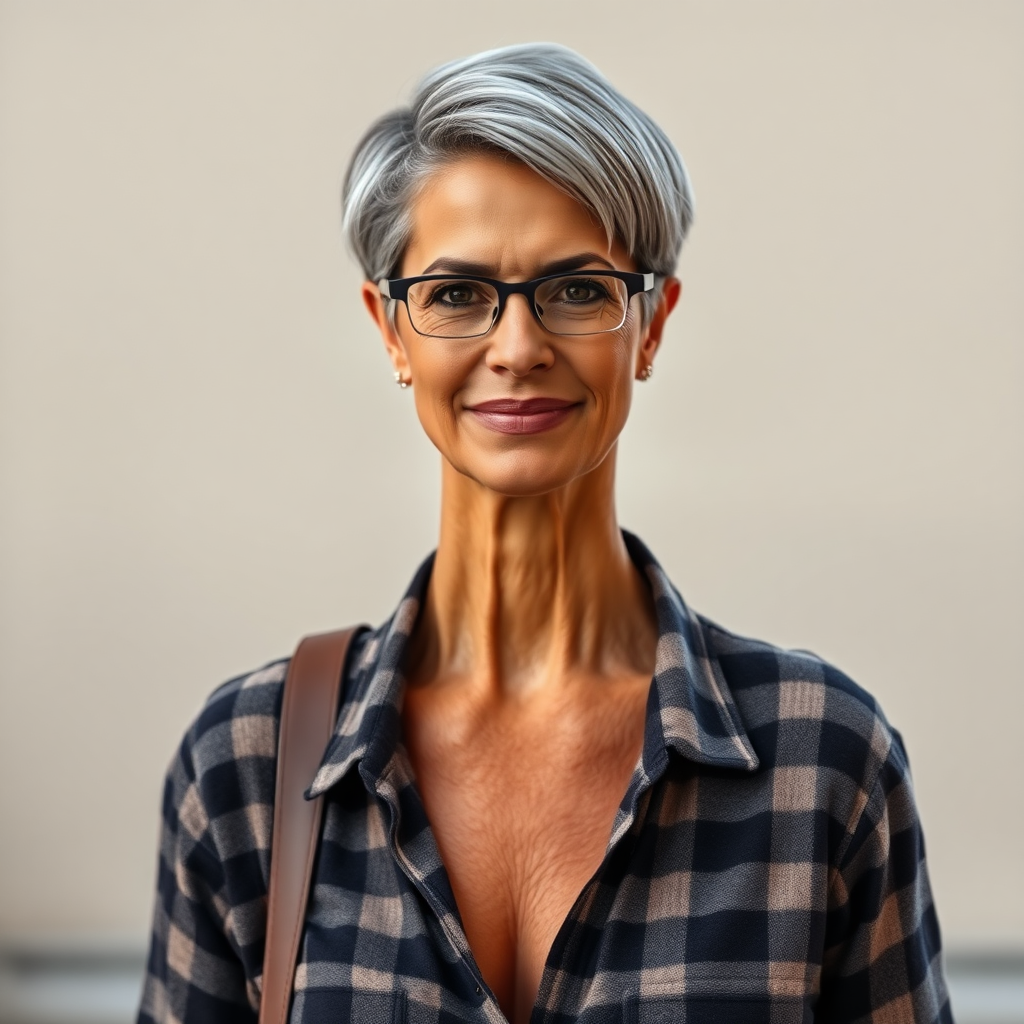 sexy Woman, 35 Years old, European, Latina, sharp aquiline nose, wrinkles, high cheekbones, Middle Eastern, Skinny, Tanned skin, Dark light skin, Makeup, Serious face, frowning, smiling, Ash dark grey hair, bowl haircut, Slicked short hair, Short hair, black eye color, Glasses, detailed features, checkered shirt, brown tight pants, long legs, high heels sandals, White hair, walking, full body, long establishing shot