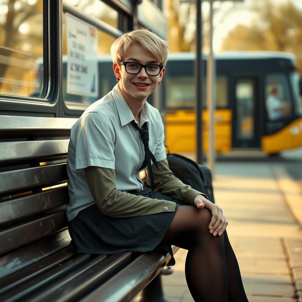 photorealistic, ultra high resolution, 16K, surreal fantasy, soft studio lighting, a pretty 18 year old goth male, slim male physique, short blonde hair, black glasses, goth makeup, earrings, shiny black pantyhose, UK girls-school uniform, Mary-Jane shoes, sitting on his boyfriend's lap on a bench waiting for the school bus, in daylight, excited smile, facing the camera.