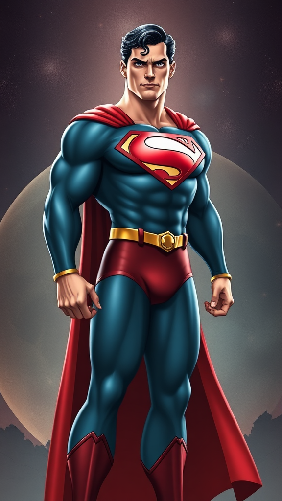 Create a full-length image of Superman, featuring the musculature of Jessica Rabbit and adjusting the body's silhouette to match her curves. Retain Superman's head, hairstyle, and facial features. Add embellishments to his classic costume, altering it to fit the new proportions. Design a background that blends elements from both characters, showcasing iconic attributes that reflect their universes while maintaining harmony and balance in the composition.