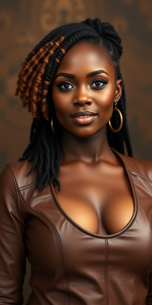 a busty african woman wearing a brown leather top