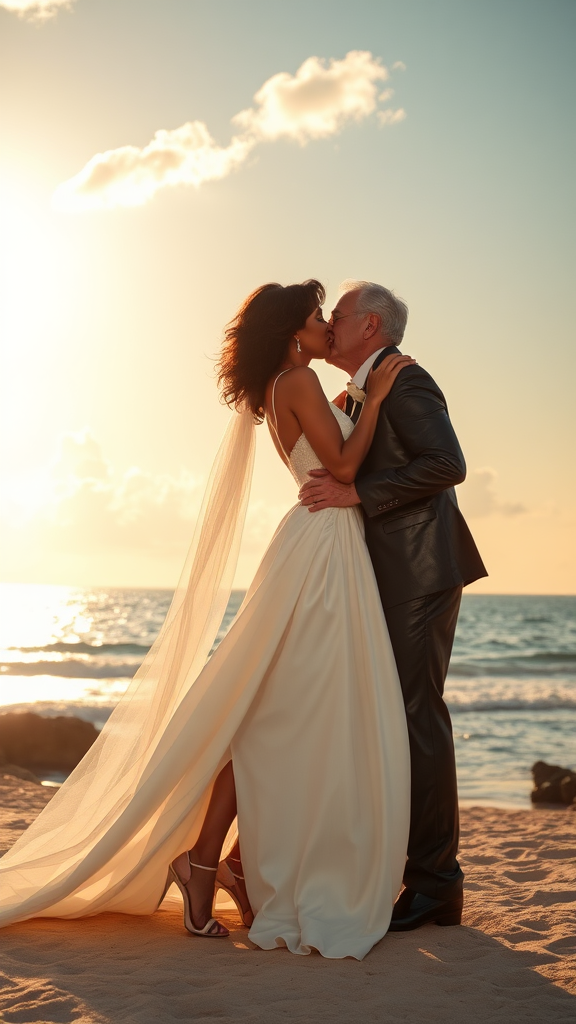 In the background, Diana Ross and Dustin Hoffman elegantly dressed, she in heels and he in patent leather shoes, he passionately kisses the bride, in the background the sea with a beautiful beach, sunset sky with the sun's rays and clouds. 16K ultra-high definition.