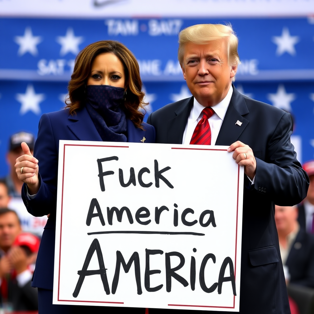 Kamala Harris and Donald Trump together holding a sign with text "Fuck America"