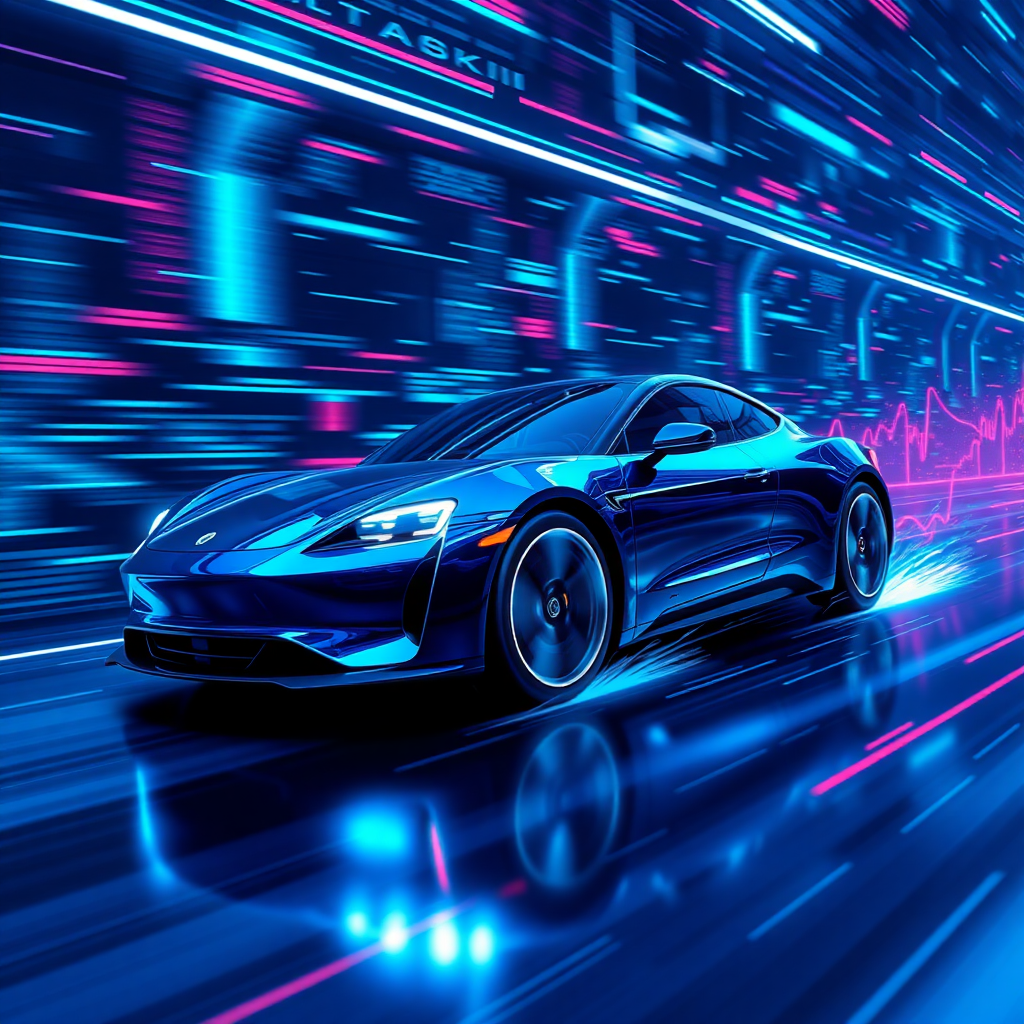 Please render the electric car racing in cyberspace in a realistic 3D manner. Make the background cyber-like and express it with a sense of speed with the "electric sparks". Make the overall color dark blue and draw it with a neon sign feel.