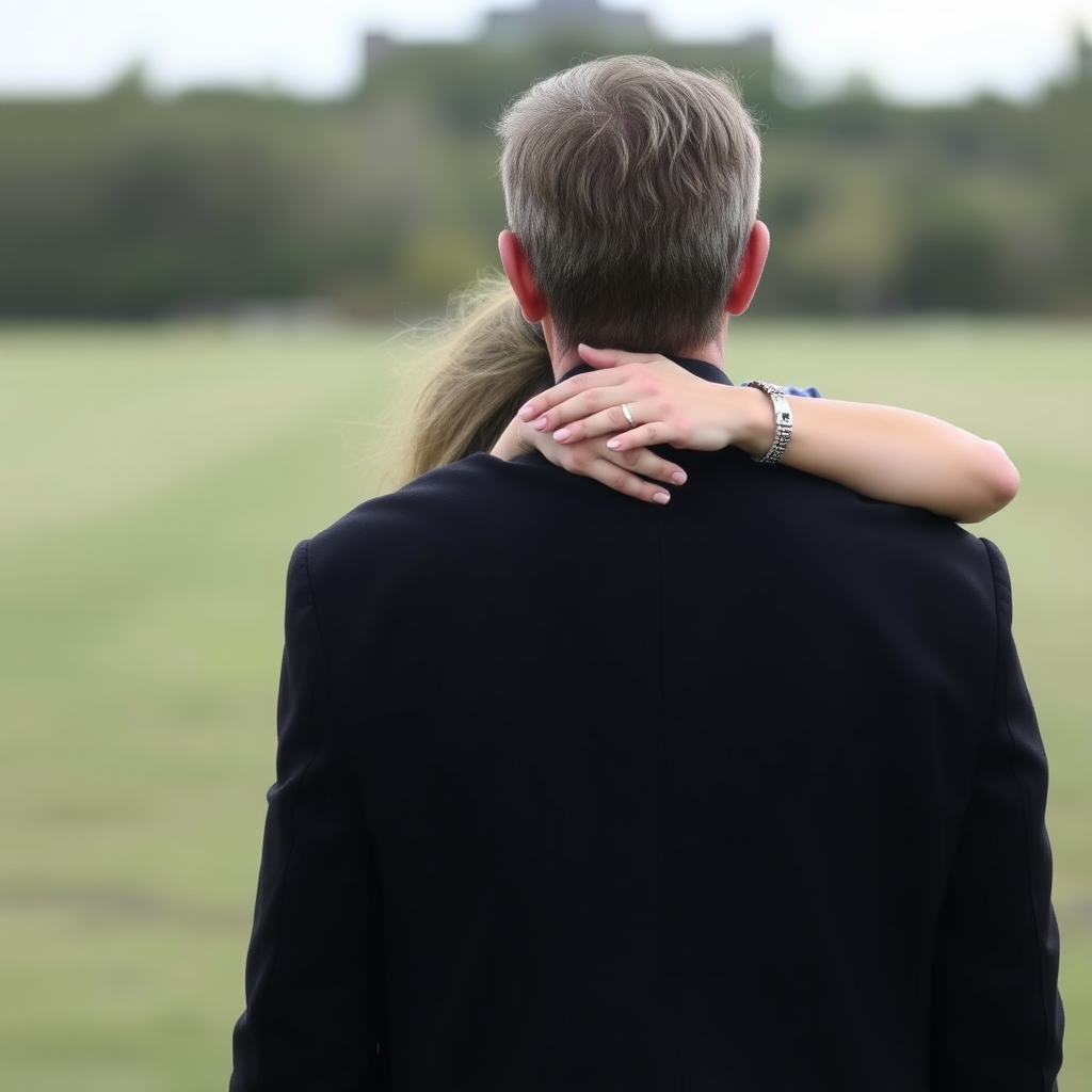 Woman hugs man, only woman is visible in photo, man's back is turned to camera.