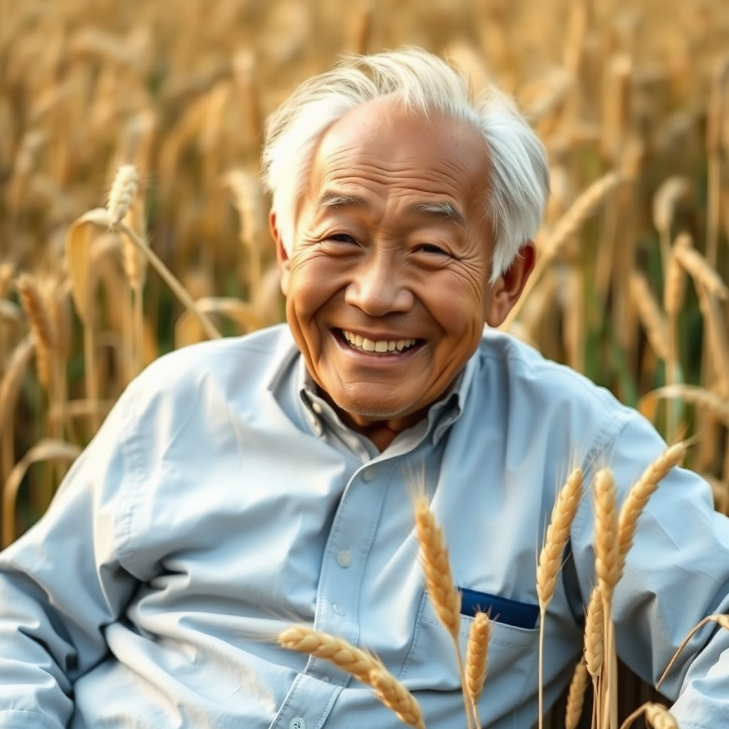 An older man sits down in a wheat field, in the style of Chinese cultural themes, grandparentcore, joyful and optimistic.