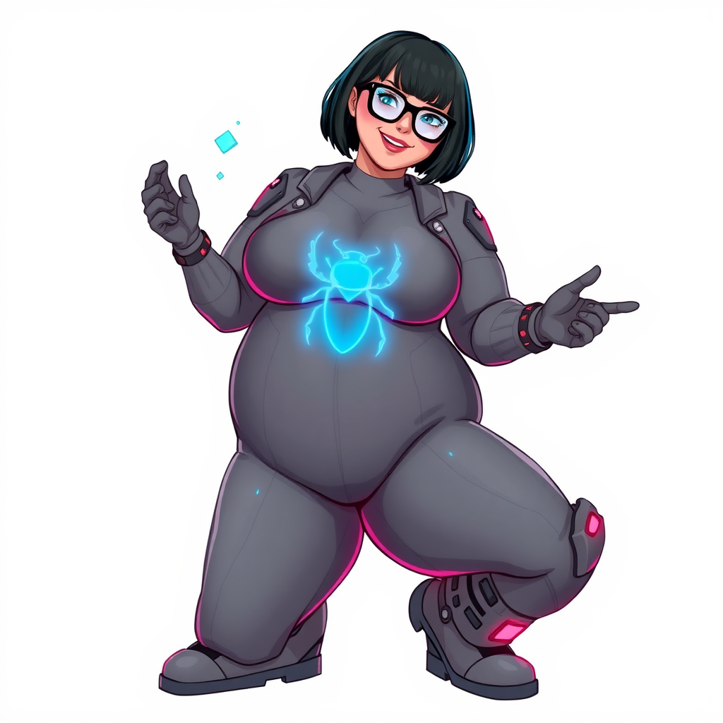 A heavily, extremely, and intensely pampered nerdy full-figured middle gray digital sidekick, a 28-year-old computer major, has been transformed by her doting vigilante boyfriend. Her distinct, metallic, middle gray skin and bob cut appear to blend together simulating computer data, and her neon blue eyes glow with intelligence. Her full-figured physique, now showcasing a large round midsection, thick limbs, and broad shoulders, contrasted by a slim face, clearly reflects her indulgence and pampering. Her full figure is prominently highlighted, with her prominent, large, round midsection and thick limbs emphasizing her pampered sidekick status. As the loyal and supportive sidekick, she plays a crucial role in their missions, using her digital prowess to assist and protect.

She wears a digital middle gray suit with a neon blue glowing scarab beetle chest icon, digital middle gray boots with neon blue glowing scarab beetle themed accents, and matching high-tech gloves with matching accents. She bashfully giggles with a neon red blush, emitting neon blue data cubes from her body. Her full figure clearly shows how pampered she is. Her nerdiness is accentuated by her black oversized eyeglasses.

Her outfit, influenced by DC’s Jennifer Knight Phantom Lady, remains distinct. Adding to her pampering, she serves as his minicomputer, traveling in his high-tech wristwatch and supercar’s computer system. Using her ability to hack into computers and machines, she relays crucial knowledge relating to his missions.

Her prominent, large, rounded midsection and thick limbs are on full display, emphasizing her indulgence and pampering while maintaining her nerdy physique. She is on a solid white background. She is drawn as if she was in a retro 2D cyberpunk fighting game. Ensure her midsection is round.