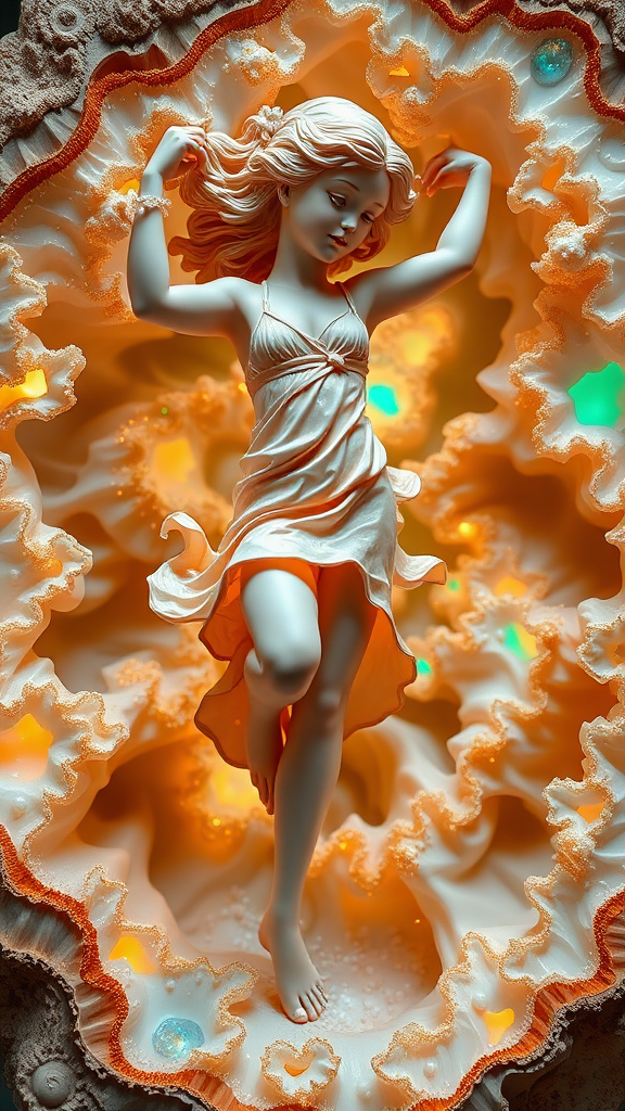 preteen girl statue in dynamic pose, mandelbulb fractal, ultra-detailed, dynamic composition, artistic photograph, geode, alabaster, fractal, brilliant colors, glittering, illumination, transparency, translucent, opal, turquoise, gold, romanticism, sharp focus, wabi-sabi, pottery, floral