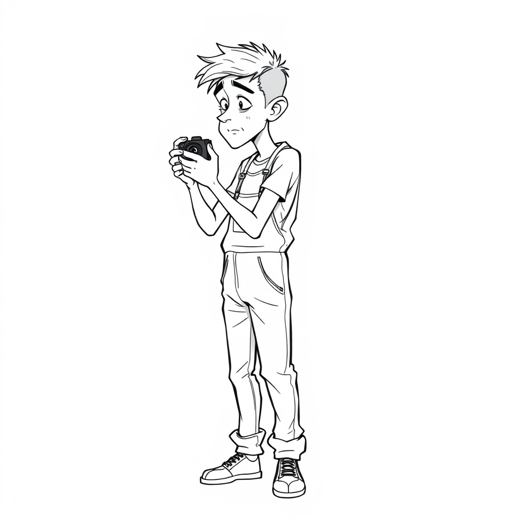 shy nervous small 18 year old european skinny man, coveralls, tense fabric, taking a picture, fascinated, side view, detailed feet, 2D, caricature, cartoon, Sketch lines, coloring book, coloring book