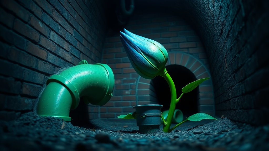 Interior. low depth of field. Underground scene with brick walls and floor. Blue tinted lighting. a large green drain pipe sticks out of the ground. growing out of the pipe opening, a monster with the head of a blue flower bulb, large mouth with pointy yellow teeth. Its body is a green flower stem with green leaves.