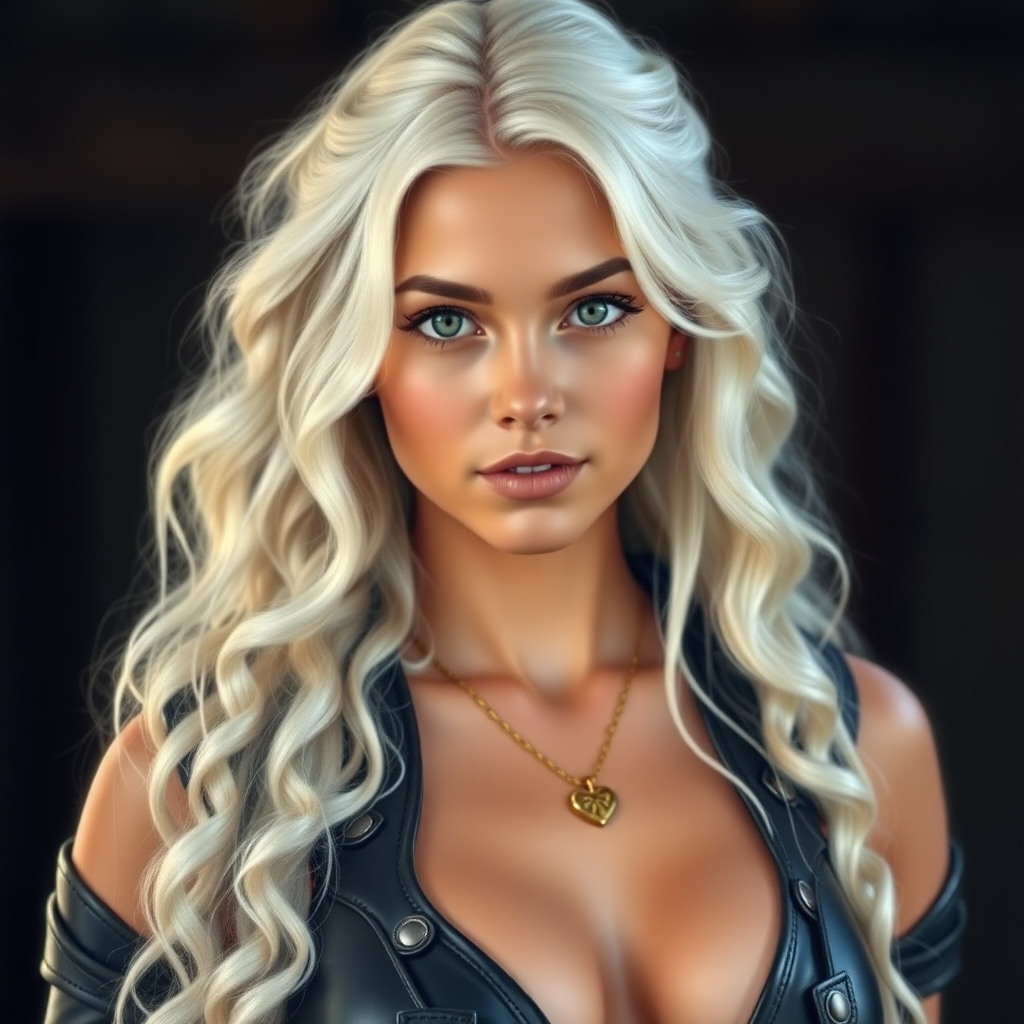 Portrait of a beautiful young woman with long wavy platinum blonde hair, green eyes, a suntan, large breasts, and light brown eyebrows. She is wearing black leather armor and a gold necklace with a small heart pendant. Her face and body are facing the camera and light is coming from behind the camera.