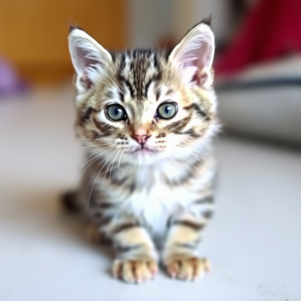 A chubby silver tabby kitten in front of the camera, looking all fierce, so cute!