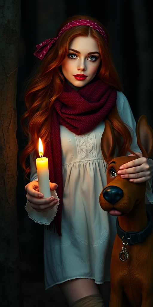 masterpiece, full body 22 year old very beautiful woman from Finland, hyper realistic, realistic face, detailed face, wearing headband and white little dress and burgundy scarf, high boots, long red hair, holding a burning candle in the dark, next to Scooby Doo A realistic dog that looks like In a very dark, creepy forest. Wonderful, magnificent, beautiful. Perfect hands, high detailed face, detailed skin, perfect eyes, eyeliner, big eyelashes, 60s style, sexy, spicy look, scooby doo, front view, glitter