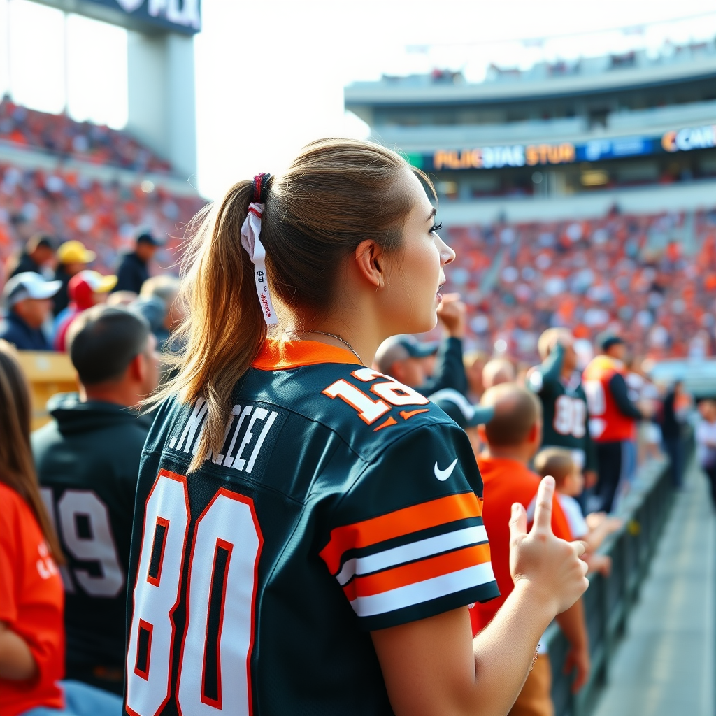 Hot female NFL fan, pigtail hair, wearing jersey, cheering, inside the bleacher crowd, at stadium