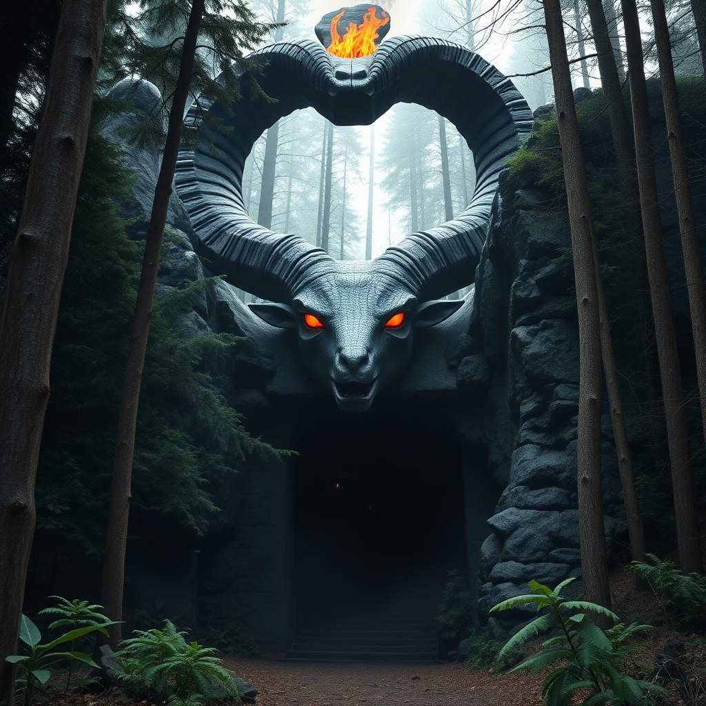 High quality, A giant dark cavern entrance in the middle of the woods that is perfectly shaped like a woman's vagina/vulva with a glow, a large stone-ram horn statue with burning eyes and mouth at the very top.