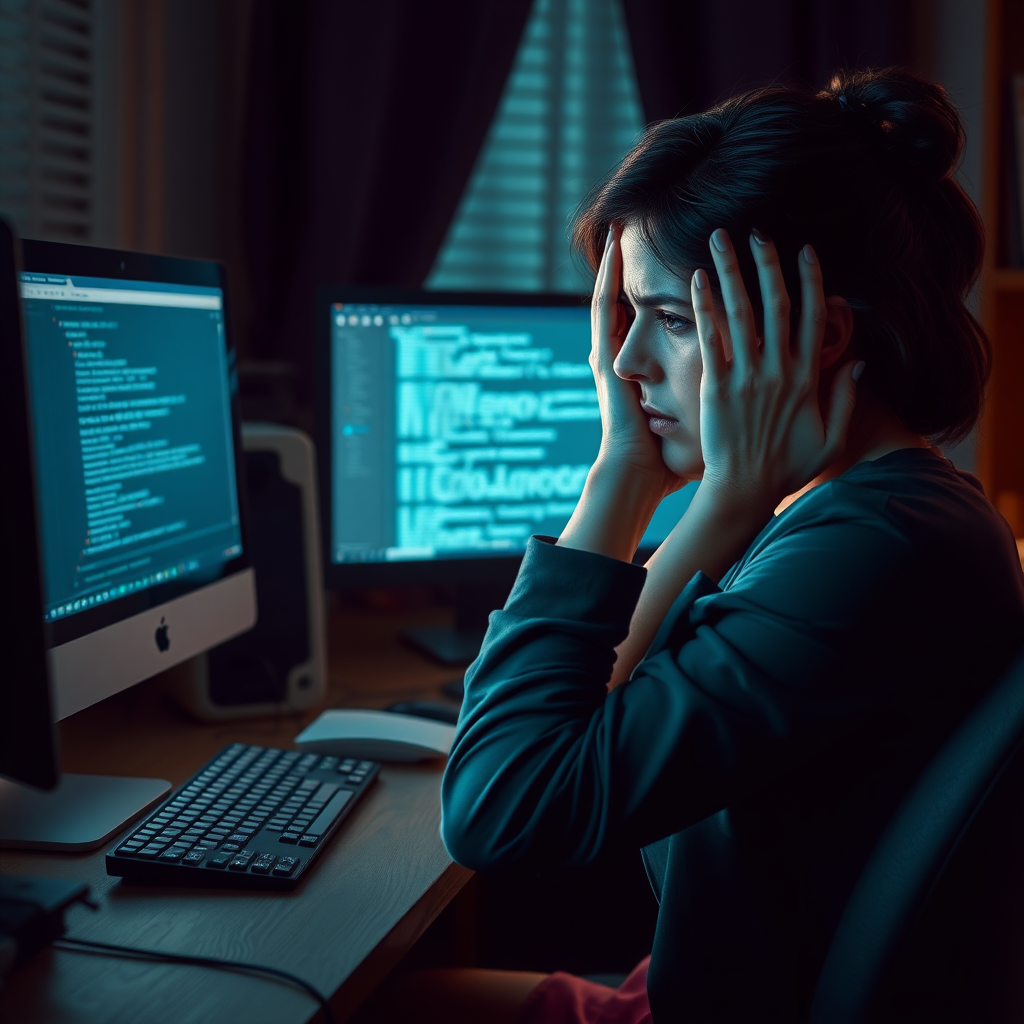 Create a realistic scene of a desperate woman sitting in front of a computer. Her posture should reflect frustration, with her hands either on her face or gripping her head. Her surroundings are a typical home or office workspace, with dim lighting adding to the tense and stressful mood. The computer screen could show error messages, glitches, or something causing her distress. The woman’s expression should be a mix of anxiety, exhaustion, and despair, with subtle attention to facial details like furrowed brows or clenched jaws.