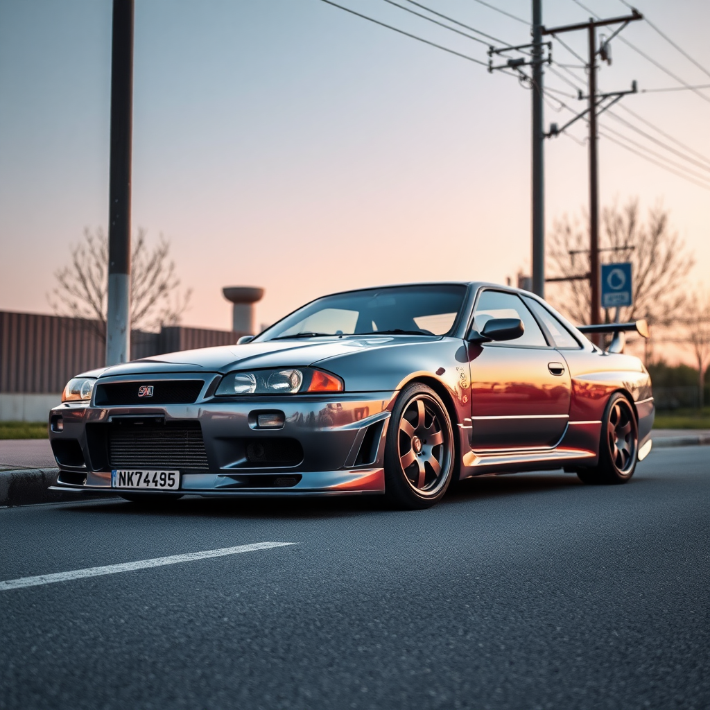 the car is parked on the side of the road, inspired by Taiyō Matsumoto, tumblr, restomod, nd4, c4 metallic shine nissan skyline r34