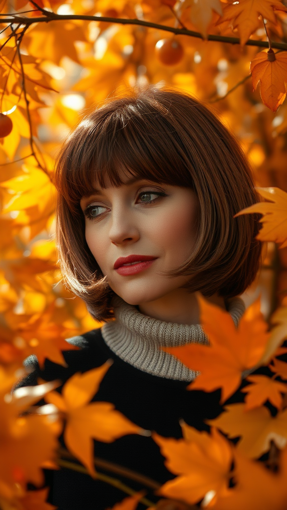 Beautiful model Carla Bruni with a bob haircut, surrounded by autumn foliage, in high definition.