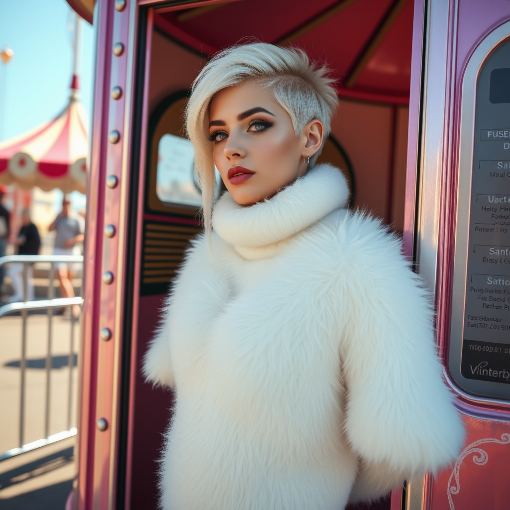 Amusement park “kissing booth”, sunny spring Sunday morning. Sam, 19 years old beautiful involuntary femboy, rebellious intractable character, petite boyish figure, platinum blond boyish rebel punk hairstyle, flawless heavily made-up face with sharp arched tattooed eyebrows, wearing Supertanya-style fluffy very fuzzy bright white angora thigh-length turtleneck-poncho fully covering body and arms, silver-glitter leggings, black leather high-heeled pumps, silver earrings, both hands tied to pole behind back, standing inside kissing booth, waiting for next customer to kiss. Focus on Sam’s face and turtleneck-poncho.