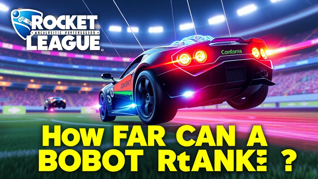 Create a Rocket League-themed thumbnail. Show an AI-controlled car with nitro boost flying toward a glowing ball, as in Rocket League. The car should be visually striking and eye-catching, with glowing lights around it that match the color theme. Have strings connecting the car to a brain, symbolizing AI control, as if the car is being puppeteered. The background should resemble a Rocket League stadium, with vibrant colors. Prominently display the text 'How Far Can a Bot Rank?' with bold, attention-grabbing effects.