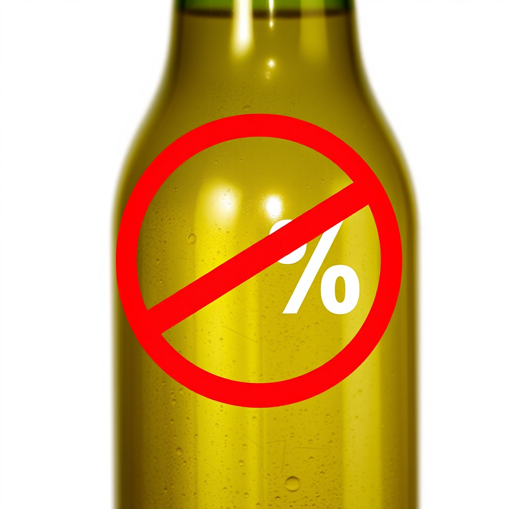 A photo of a beer bottle with a percent symbol crossed in a red circle on white background.