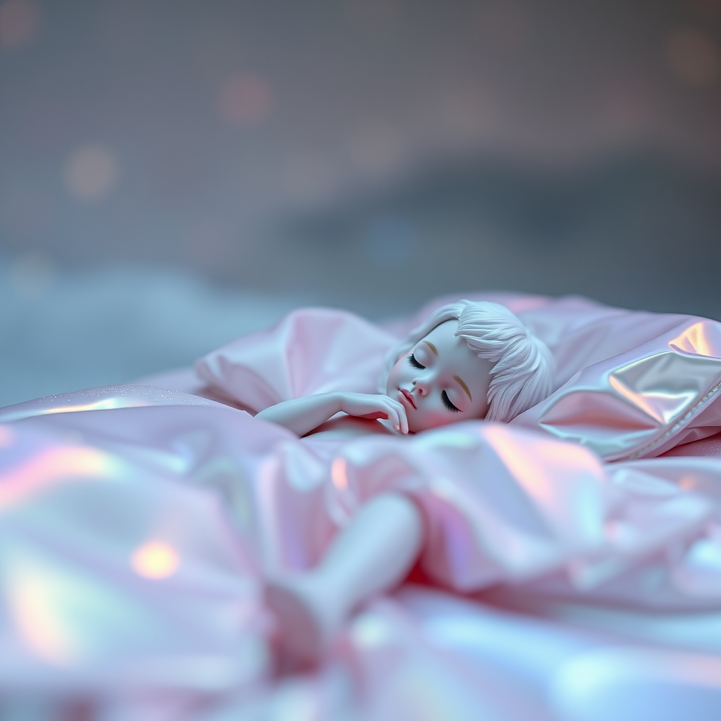 porcelain doll sleeping in bed, iridescent, glittering, panoramic landscape, focus stacking, abstract, minimalist art, in focus