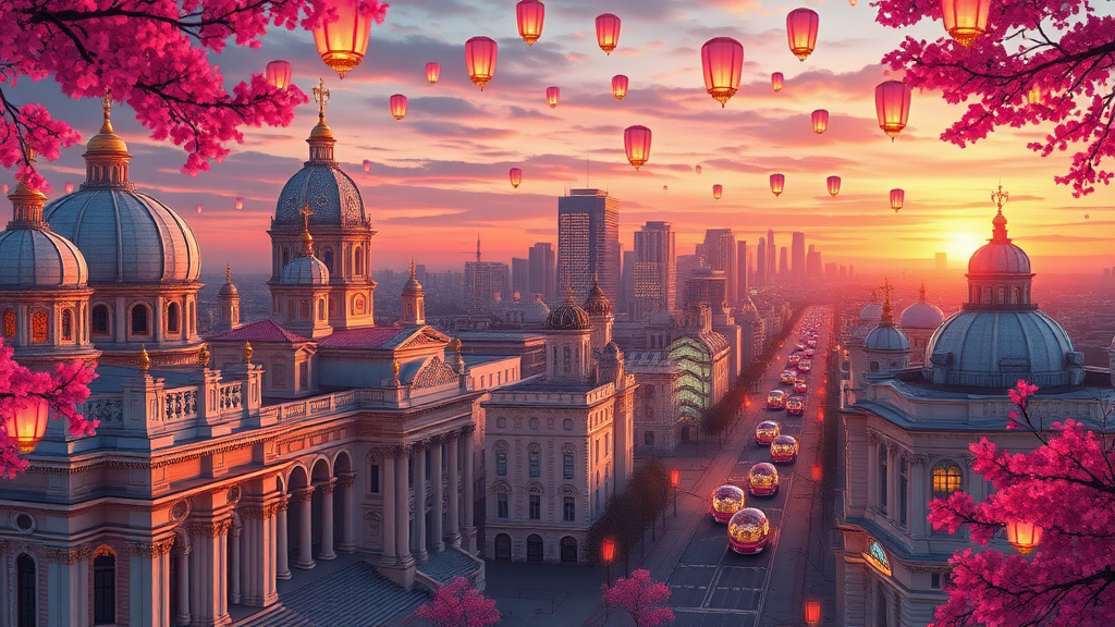 This anime art concept in 8k resolution brings to life a cityscape at sunset that blends historical grandeur with futuristic innovation. The city, inspired by Russian Tartarian architecture, features majestic structures with ornate details and intricate designs, showcasing an opulent and storied past.

The foreground reveals immaculate streets lined with grand cathedrals and dome-shaped white buildings, each one a marvel of architectural beauty. These buildings, with their elaborate facades and towering spires, reflect the rich cultural heritage of the city.

In the distance, technologically advanced metropolis uniquely designed buildings glow with vibrant lights, contrasting sharply with the historical architecture. Their sleek, futuristic designs add a dynamic and forward-looking element to the scene.

The sky is adorned with floating lanterns, drifting gracefully and casting a warm, magical glow over the city. Pink foliage adds a touch of whimsy and elegance to the landscape, with vibrant hues enhancing the dreamlike quality of the scene.

Bubble-shaped vehicles glide smoothly across the landscape, showcasing advanced transportation technology while seamlessly integrating with the city’s aesthetic. These vehicles move along clean, well-maintained streets, highlighting the city’s blend of tradition and innovation.

Overall, the scene is framed by the ice wall, hinting at the fascinating world beyond and adding a sense of grandeur and mystery to the composition. This exquisite portrayal captures both the historical richness and futuristic vision of the city, creating a captivating and immersive experience.