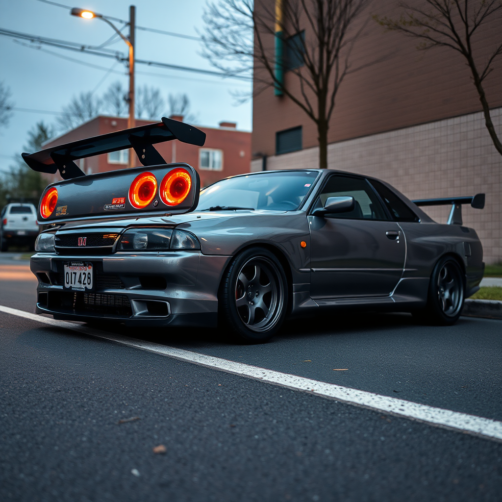 the car is parked on the side of the road, inspired by Taiyō Matsumoto, tumblr, restomod, nd4, c4 metallic shine nissan skyline r34