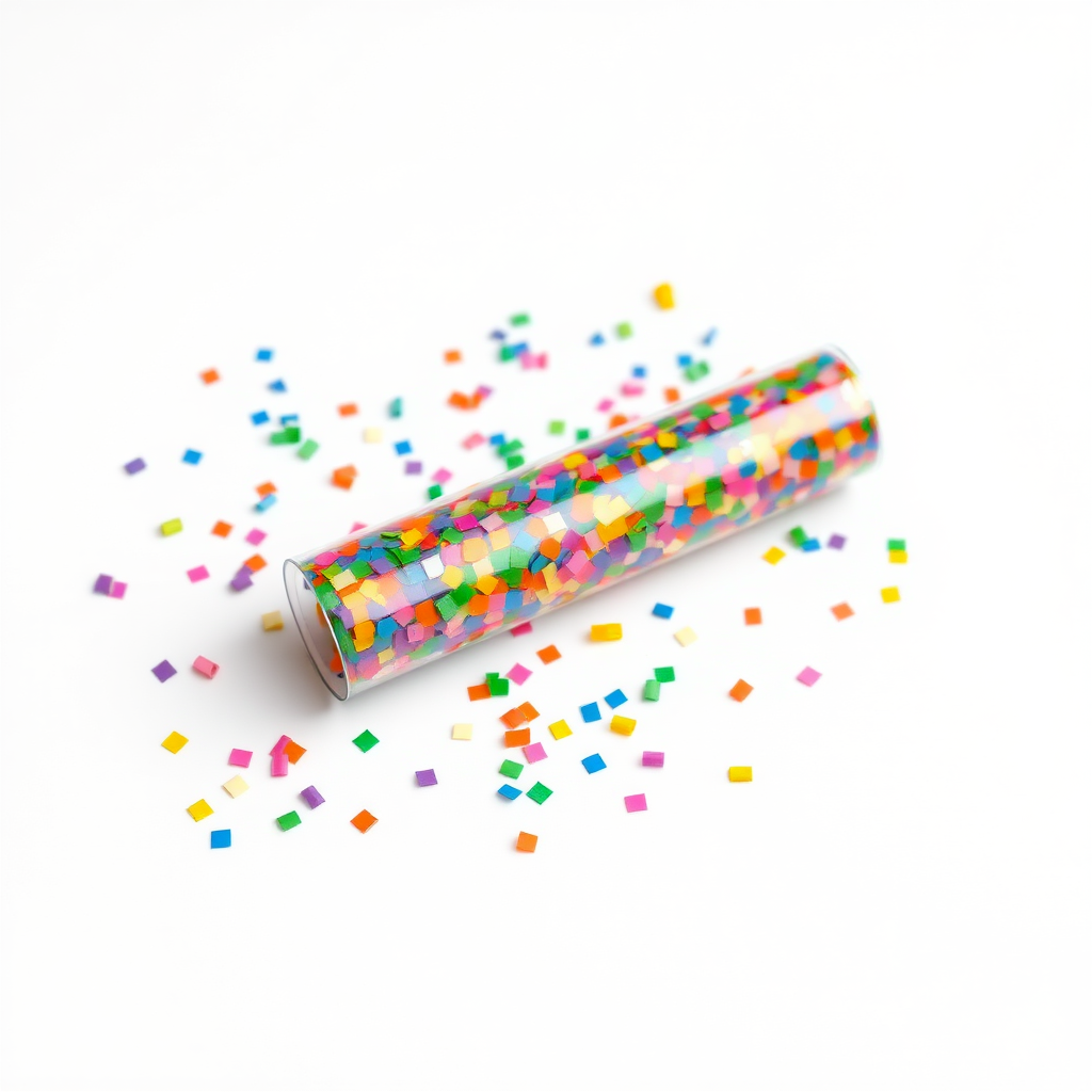 colorful confetti popper tube lying flat at an angle with confetti around it, white background