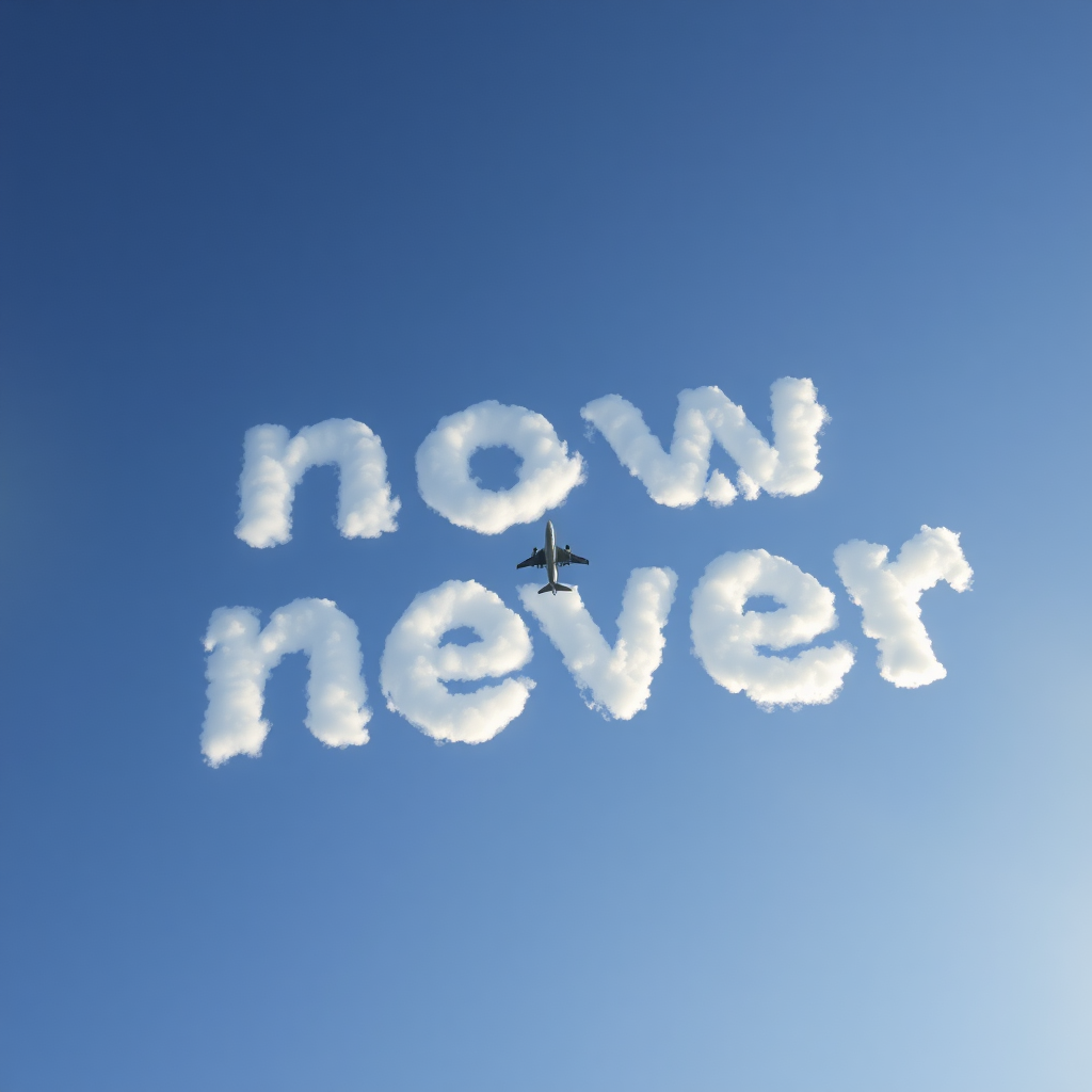 clouds forming the word "now or never" and a plane flying through the