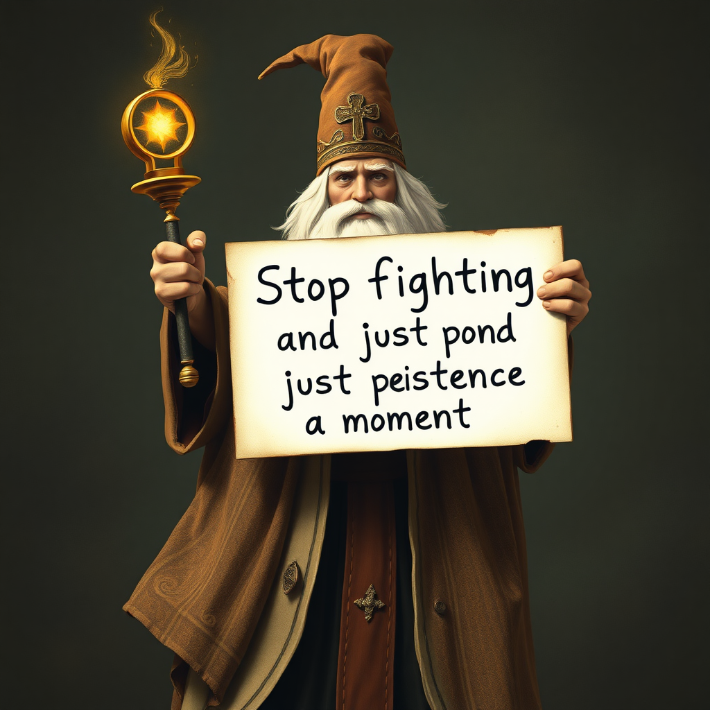 a godly catholic wizard holding a sign that says "stop fighting and just ponder existence for a moment"