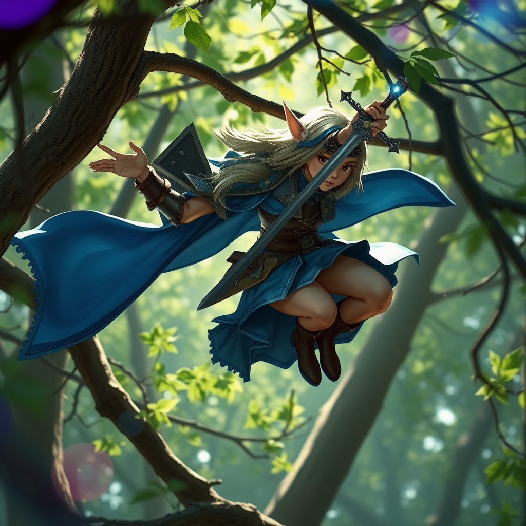 A twenty-something elf girl like (Deedlit from Record of Lodoss War), a character come to life. wide triangular shoulder pads, blue flowing cloak, leather armor, skirt, high heel ankle boots. Flying through tree branches, sword in hand. Photo-real, film grain, lens flare, chromatic aberration.