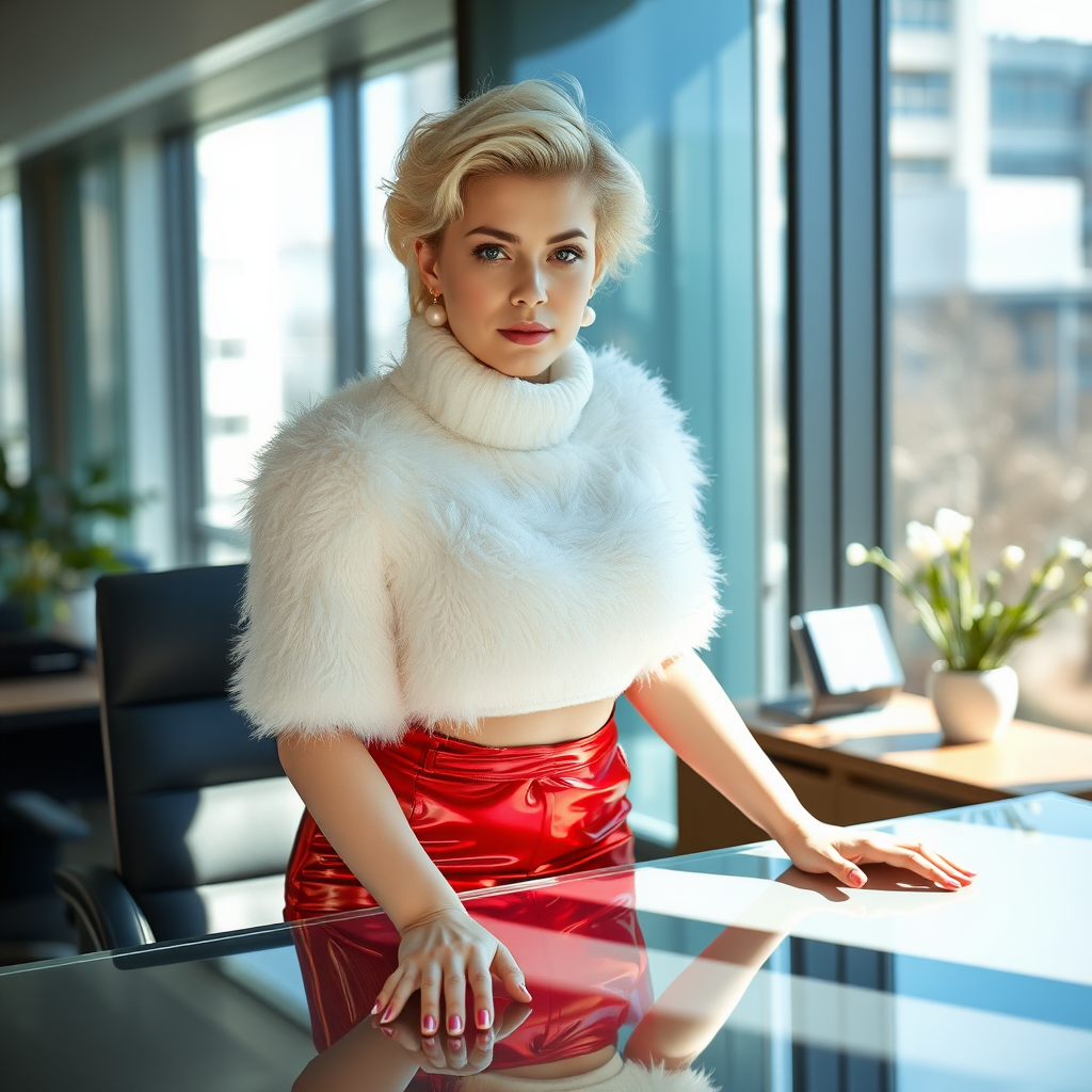 Sunny spring morning, modern glass-steel-concrete office, standing behind desk: Nina, 17 years old very convincing femboy, tamed servile docile, very beautiful feminine flawless face, rather short, by hormones very curvaceous womanly figured, platinum blond short tight curls, French nails, no makeup, wearing Supertanya-style fluffy very fuzzy bright white angora turtleneck-poncho cropped ending under bust, very tight bright red vinyl midi pencil skirt, purple shiny vinyl pumps with golden high heels, white pearl belly piercing, gold earrings, leaning forward hands on desktop presenting her assets, seductively looking at camera. Focus on face and turtleneck-poncho.