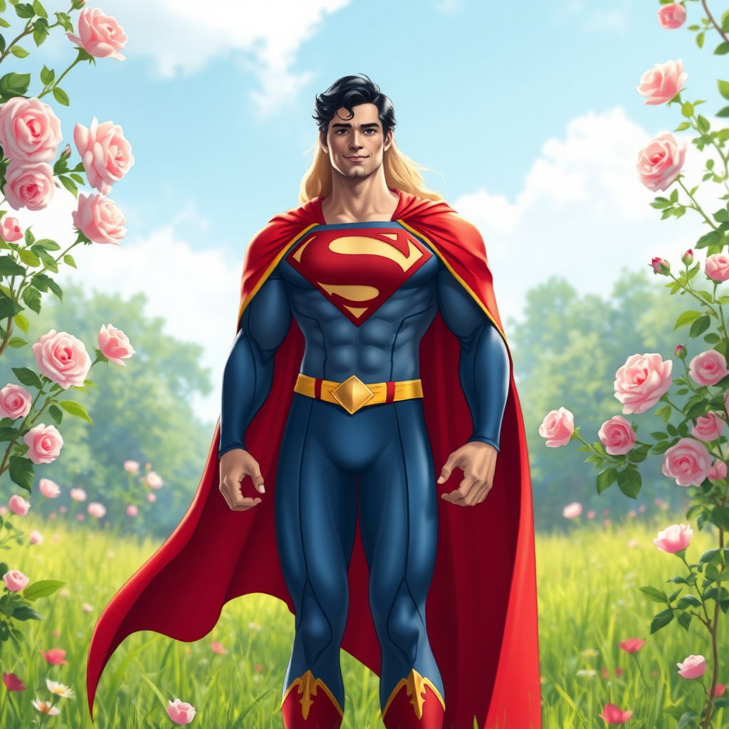 ## Generate a full-length image of a character combining Superman and Princess Aurora:

**Character:** Superman with the body traits of Princess Aurora. Modify body shape, especially emphasizing the torso, but retain Superman's classic costume. Incorporate embellishments and elements from Princess Aurora's clothing, like a flowing cape or golden accents.

**Background:** An idyllic meadow with blooming roses, drawing inspiration from Princess Aurora's forest home.

**Note:** Keep the overall image bright and vibrant, maintaining a heroic and inspiring tone.