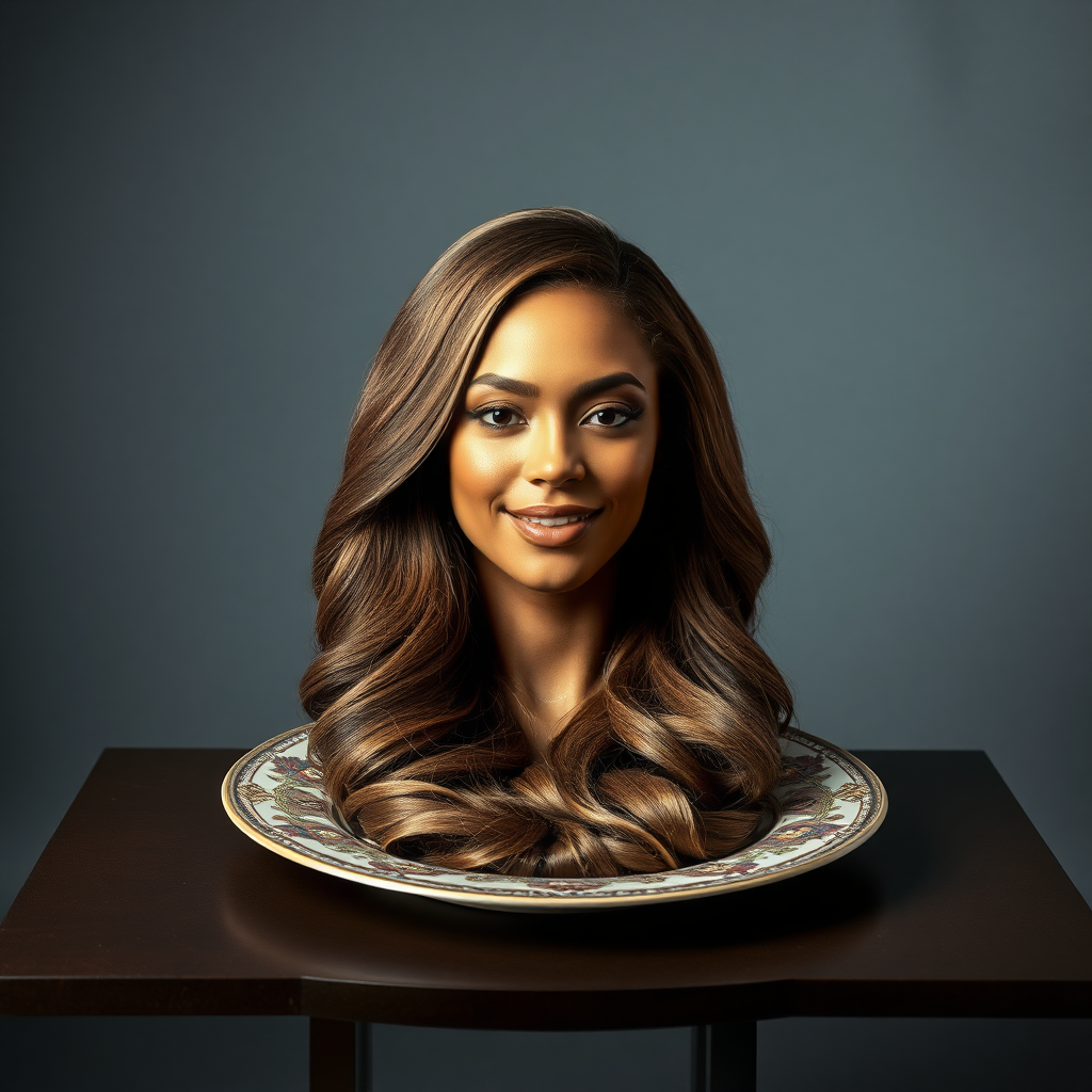 In a surreal and striking scene, the elegantly styled disembodied head of a stunningly beautiful Beyoncé rests gracefully on an ornate, luxurious plate, which is carefully placed on a simple, understated table. Her very long, flowing hair cascades like a rich waterfall of silky, rich brown locks, framing her exquisite face and accentuating her radiant, flawlessly glowing skin. The delicate contours of her chin rest lightly against the polished surface of the plate, lending an unexpected intimacy to the bizarre presentation.

The background is a muted, plain gray, casting an air of modern minimalism that contrasts dramatically with the lavishness of her appearance. Soft shadows play across her features, highlighting the subtle high cheekbones and perfectly shaped lips, which seem poised for a soft smile. The atmosphere feels both elegant and eerie, inviting intrigue and contemplation as viewers are drawn into this surreal artistic tableau, where beauty and the absurd collide in unexpected harmony.