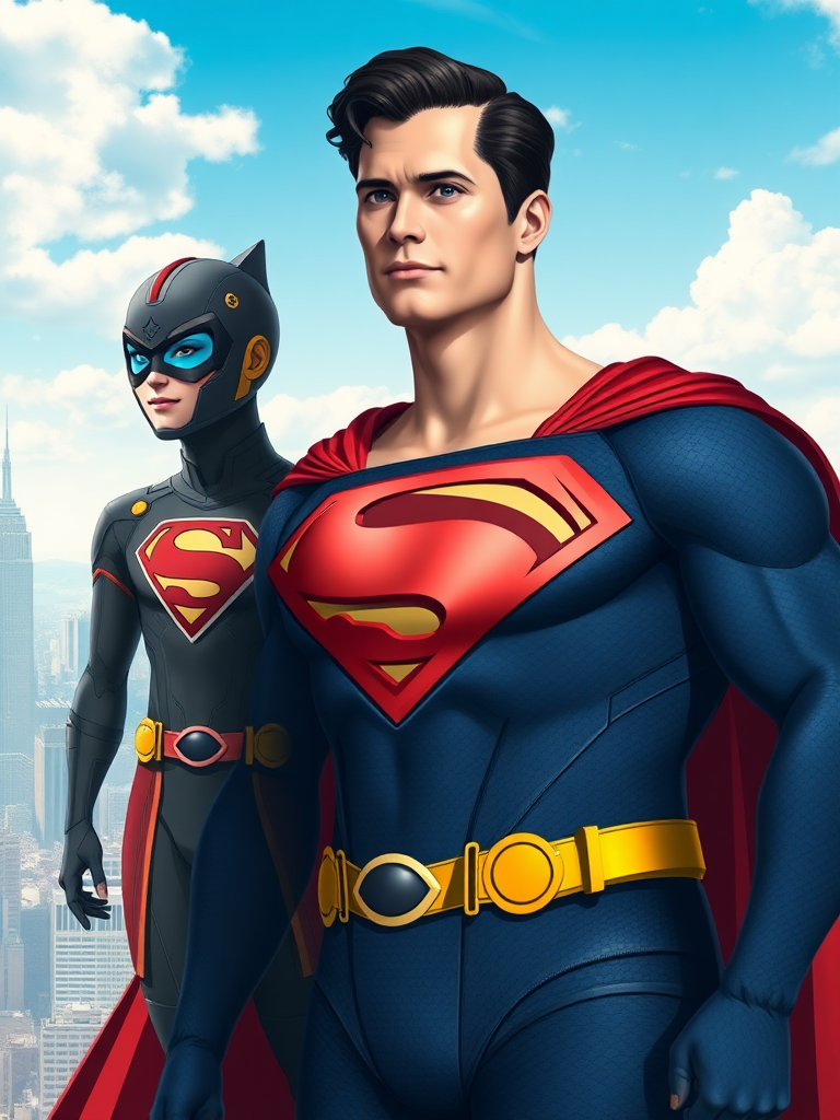 Generate a full-length image of Superman with the body type of Ochaco Uraraka, keeping Superman’s head intact. Integrate elements from Ochaco’s costume into Superman’s traditional outfit, such as colors or patterns, while still maintaining iconic Superman features. The background should blend environments suitable for both characters, like a city skyline with elements of an outer-space scene or a training academy for heroes. Ensure the overall composition highlights their unique styles and characteristics, creating a cohesive and dynamic image.