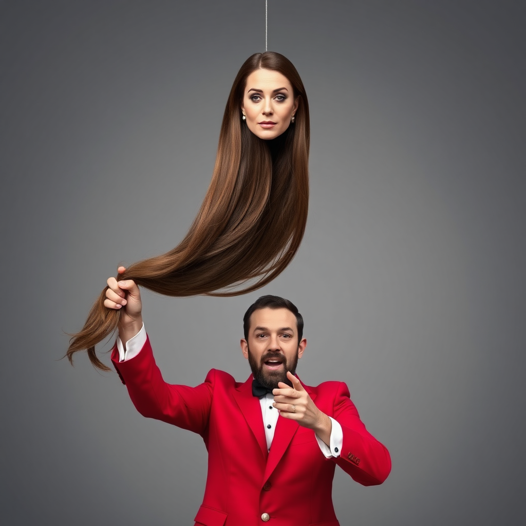 A surreal image of a magician holding up the disembodied head of a very long haired Kate Middleton. He is grabbing her very long hair and pulling it up high in the air, while her head is hanging by her hair from his grasp to display it to the camera. Plain gray background.