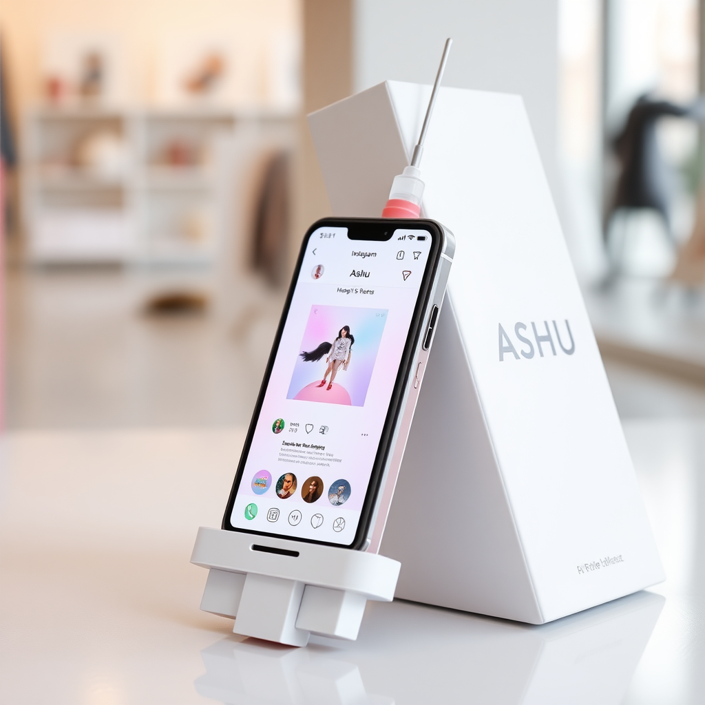 A close-up straight front view of a mobile phone in the shape inspired by a syringe, white pink futuristic, kept for sale leaning to a box with text Ashu and minimal design, in a showroom, metallic body, touchscreen phone with Instagram page open on screen, needle on top, whitepunk.