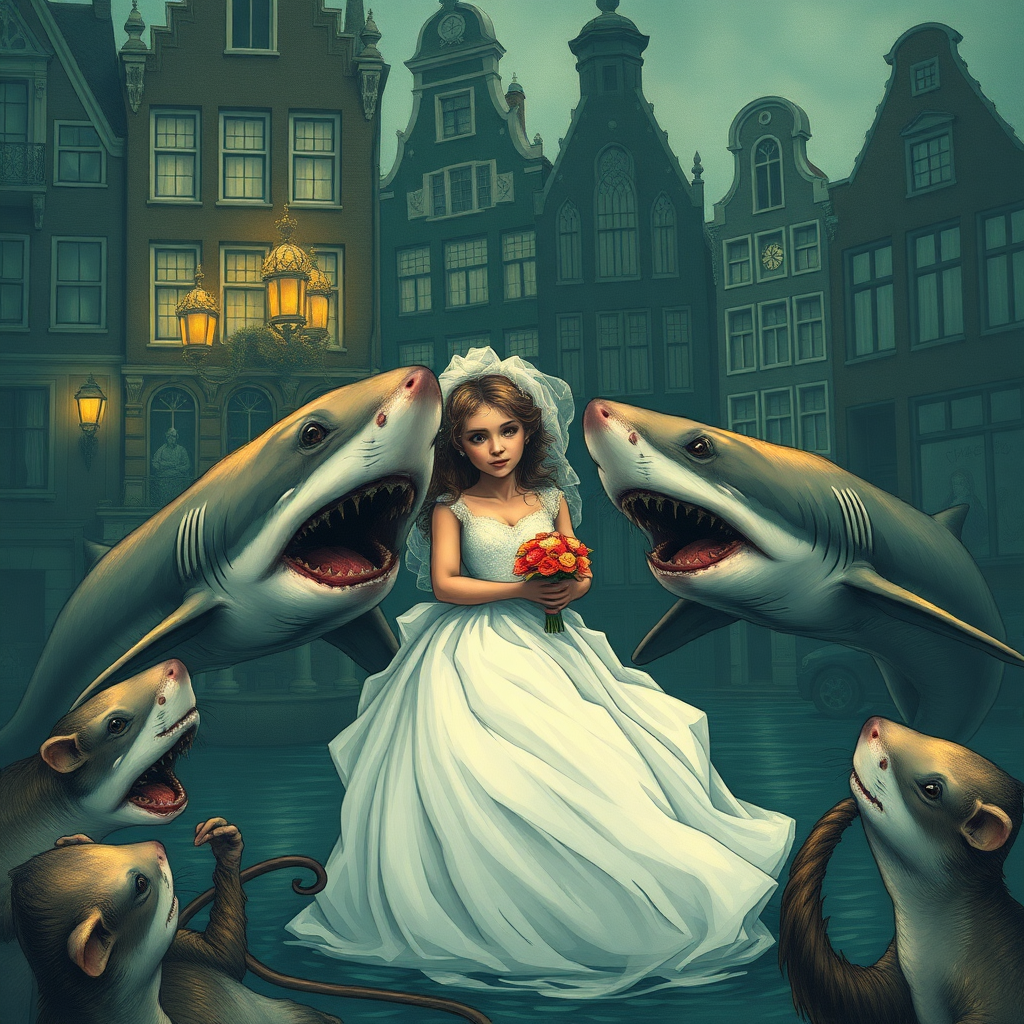 A rat wedding being attacked by hammerhead sharks, no text, Lovecraftian, in Amsterdam