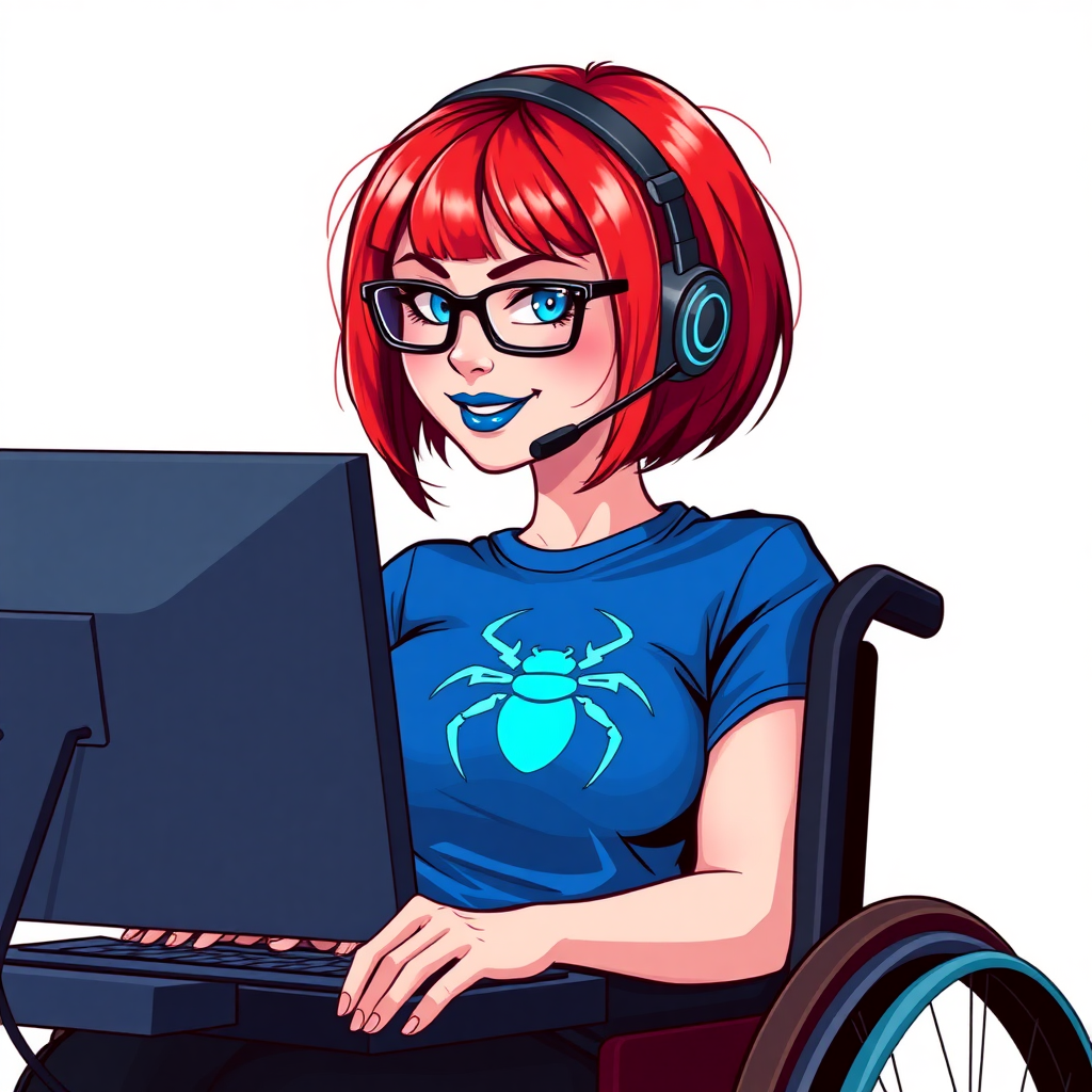 A hot, nerdy, 28-year-old computer hacker in a wheelchair, with a unique, fiery crimson bob cut, maximum blue lipstick, and piercing blue eyes. She wears a maximum blue t-shirt adorned with a maximum turquoise beetle chest icon. Her accessories include a sapphire headset, sleek black eyeglasses, a lovestruck smile, and neon red blush. She serves as her vigilante boyfriend’s tech expert from his secret hideout, diligently working at her computer. The background is a solid white. She is drawn as if she was in a retro 2D cyberpunk fighting game. Ensure her hair color is distinct from DC’s superheroine Oracle and any other character.