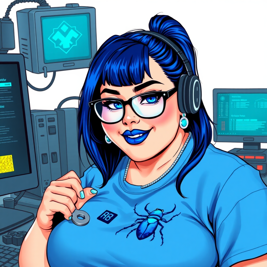 A cyberpunk vigilante’s full-figured intelligent and tech-savvy 28-year-old girlfriend, who is a computer hacker and tech genius. She has a long maximum blue ponytail. She wears maximum blue lipstick, bright blue eyes, a sapphire beetle gemstone necklace, sapphire earrings, black eyeglasses, and an oversized maximum blue t-shirt featuring a blue sapphire gemstone crusted chest icon of a beetle. She has a full-figured physique with a prominent, massive, round belly, reflecting her well-cared-for lifestyle. She sports a sapphire headset with a hi-tech maximum turquoise lensed HUD, and a shy smile with a neon red blush. She serves as his tech expert from his hideout, diligently working at her workbench and computer desk, while holding an electronic wrench and a holographic computer tablet. The background is solid white. She is drawn as if she was in a retro 2D cyberpunk fighting game. Ensure her maximum blue t-shirt covers her belly.