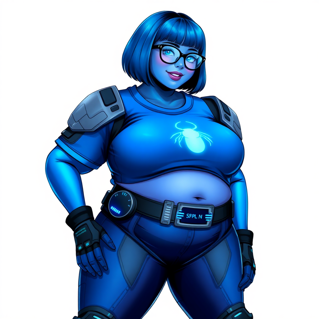 A 28-year-old, full-figured, metallic maximum blue (5PB 5/10) skinned computer program hybrid with a maximum blue bob cut. She has a non-athletic build, highlighted by a prominent, round, large midsection (with heavy emphasis on her belly), which shows the effects of her love of junk food acquired from her boyfriend. As the full-figured, nerdy, digital sidekick to her cyberpunk vigilante boyfriend, her metallic maximum blue skin and maximum blue lipstick (5PB 5/12) emphasize her digital nature. Her skin has a subtle, animated glow, with digital patterns occasionally flickering across it, making her digital nature obvious. She wears a digital, computerized costume, consisting of a huge, tight-fitting, maximum blue t-shirt (5PB 5/12) with a neon blue glowing chest icon of a beetle, hi-tech shoulder pads with neon blue accents, a black hi-tech belt with a digital neon blue glowing buckle, digital maximum blue pants (5PB 5/12) with neon blue accents, and black hi-tech fingerless biker gloves with neon blue glowing accents. Her neon blue glowing eyes, black eyeglasses with neon blue glowing lenses equipped with a built-in HUD, and bashful smile with neon red blush accentuate her nerdiness. She stands bashfully with one hand behind her back and the other hand gently touching her cheek, her costume covering all her skin and fully emphasizing her full-figured physique (especially her belly). She is clearly non-athletic, with a focus on her full-figured physique. Despite her build, she radiates beauty. She has a slim face compared to her physique, accentuating her radiant beauty. She is on a solid white background. She is drawn as if she were in a retro 2D cyberpunk fighting game. Ensure her skin has a maximum blue (5PB 5/10) skin tone.