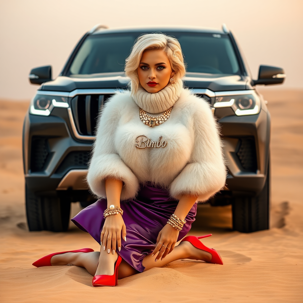 Kuwait desert dunes misty dawn, full size luxury SUV: Melissa, European 17 years old very convincing femboy “trophy-bimbo”, tamed servile docile, very beautiful feminine flawless face, rather short, by hormones very curvaceous womanly figured, platinum blond short tight curls, bold red lips, long white French nails, heavily made-up face, wearing Supertanya-style fluffy very fuzzy bright white angora turtleneck-poncho cropped ending under bust decorated with pearls and glass stones, very tight purple vinyl midi pencil skirt, bright red pumps with golden very high heels, white pearl belly piercing, full Oriental bridal jewelry including headpiece, nose-ring, coin wristlets, coin anklets, striking diamond “Bimbo” letter brooch on left chest, thick heavy pearl wristlets, pearl anklets, pout frustrated, kneeling in sand in front of SUV, looking at camera. Focus on face and turtleneck-poncho.