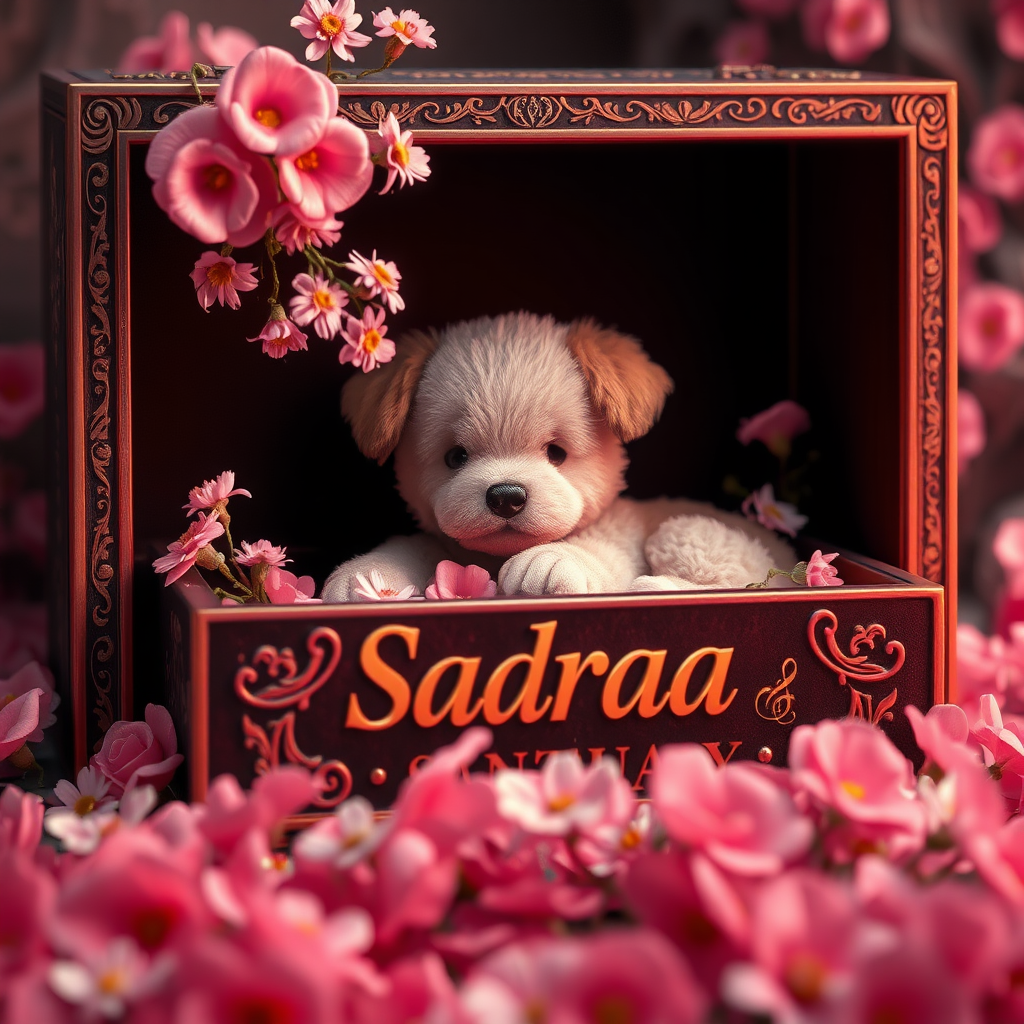 ### **Title:**
**"Sadraa's Sanctuary"**

### **Artistic Vision:**
Create a mesmerizing digital art masterpiece that seamlessly blends hyper-realistic detail with a vibrant, cinematic atmosphere. The artwork should evoke a lasting emotional impact, inviting viewers to explore themes such as the delicate balance between luxury and nature, and the innocence represented by the gentle presence of a baby dog amidst intricate surroundings. This piece aims to captivate audiences with its elegance, sophistication, and profound symbolic resonance.

### **Scene Description:**
Depict an exquisitely crafted box adorned with intricate detailing, prominently featuring the name "Sadraa" in a sleek, modern font. Inside the box, a plush baby dog rests gracefully among delicate pink primroses and daisies, creating a striking contrast against the box's dark, velvety interior. The composition should exude elegance and sophistication, enhanced by hyper-realistic rendering techniques that add depth and dimension. Embrace a neon-infused, dark fantasy aesthetic to create a visually stunning and emotionally evocative scene.

### **Key Artistic Elements:**
- **Lighting & Atmosphere:** Utilize neon lighting to create a cinematic and conceptual ambiance, blending vibrant colors with dark fantasy elements.
- **Color Contrast:** Achieve a stunning contrast between the bright pink flowers and the dark interior, emphasizing the focal points.
- **Textures:** Incorporate varied textures, from the plush fur of the baby dog to the intricate detailing of the box, enhancing tactile realism.
- **Composition:** Employ off-center placement for the box and its contents to guide the viewer's eye through the scene, balancing intimate close-ups with the broader setting.
- **Symbolism:** Infuse the artwork with subtle symbolic motifs that provoke contemplation on themes like humanity’s relationship with nature and the purity of innocence.

### **Technical and Artistic Specifications:**

- **Resolution & Display:**
  - Render in stunning **8K UHD** resolution, ensuring crisp detail and vibrant colors suitable for high-profile platforms like ArtStation and Behance.

- **Digital Art Techniques:**
  - Utilize advanced software such as **Corel Painter**, **ZBrush**, and **Adobe Photoshop** to achieve exceptional 3D volume, precise shading, and ultra-fine detailing.

- **Materials & Textures:**
  - Incorporate high-quality digital pigments, metallic flakes, and glass bead effects to ensure textures appear vibrant and dynamic under various lighting conditions.

- **Lighting & Depth:**
  - Implement a tranquil chiaroscuro effect with a subtle interplay of light and shadow, enhancing depth and clarity.
  - Use soft, delicate colors complemented by nuanced shades of grey, black, and white to add depth without overwhelming the scene.

- **Rendering Quality:**
  - Apply advanced rendering techniques and 3D volumetric effects for unparalleled detail and sharpness.
  - Include hyper-realistic pencil sketch textures to emphasize intricate details.

- **Composition & Focus:**
  - Emphasize gentle, lifelike depth and striking details with a cinematic close-up approach.
  - Use a balanced **f/11 aperture** and a raw photographic style with advanced v6 enhancements to render vivid colors and minute details at an unparalleled level of realism.

- **Overall Harmony:**
  - Achieve maximum harmony across all elements, resulting in a balanced and cohesive composition that captivates both technically and emotionally.

### **Additional Elements to Include:**
- **Symbolism:** Integrate subtle gestures, expressions, or symbolic motifs to add deeper emotional resonance, encouraging viewers to reflect on the depicted themes.
- **Detailing:** Ensure impeccable draughtsmanship with flawless anatomical precision in the baby dog and botanical accuracy in the primroses and daisies.
- **Lighting Effects:** Utilize the interplay of light and shadow to evoke lifelike realism and enhance the dreamlike atmosphere.
- **3D Volumetric Effects:** Add depth and spatial qualities to create a more immersive visual experience.
- **Hyper-Realistic Textures:** Ensure all textures appear tactile and vibrant, enhancing the overall realism of the artwork.

### **Final Outcome:**
The final artwork should be a compelling masterpiece that captivates viewers, encouraging them to pause and reflect long after experiencing it. It should demonstrate peerless technical mastery combined with a profound artistic vision, affirming art's vital role in cultural and intellectual life. The signature on the piece should signify its stature, standing proudly alongside works by history’s masters.