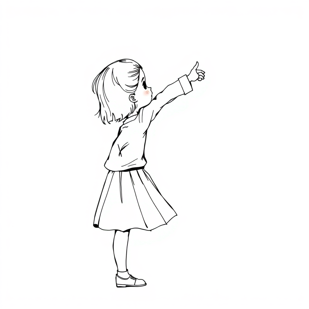 a cute, happy LITTLE GIRL drawn from the profile. Looking to the side up reaching forward. The hand points to the right. cute ink sketch style illustration in Cheerful colors. full body. hands up right. A nine-year-old GIRL. The girl wears a skirt and a long-sleeved shirt.