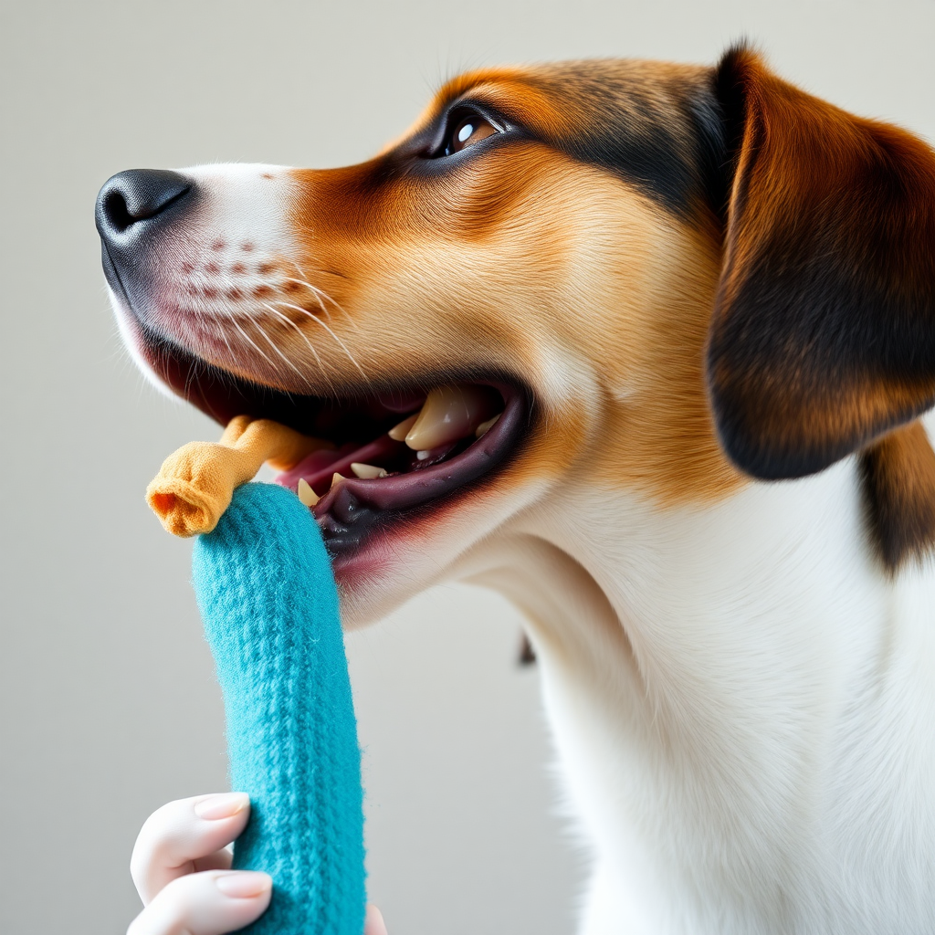 A dog biting a toy, close-up shot, side view of the head, stretching its neck, looking up. open the mouth, opaque