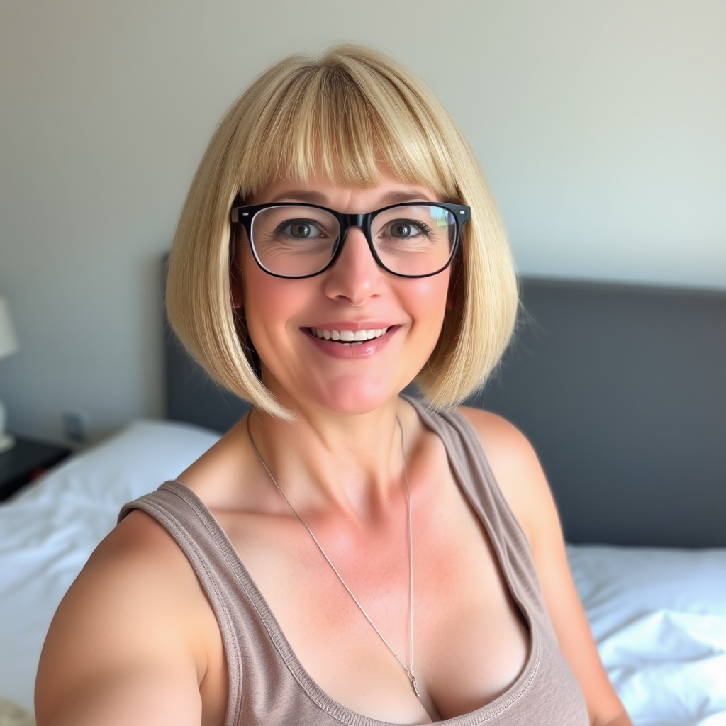 Woman, One, 40 Years old, British, Pale skin, White skin, Large top, Thick thighs, Busty thighs, Wide jaw, Sharp nose, Horny face, Happy face, Open mouth, Blonde hair, Bobcut, Short hair, Straight hair, Brown eye color, Glasses, Cotton shorts, Sleeveless t-shirt, necklace, Bed